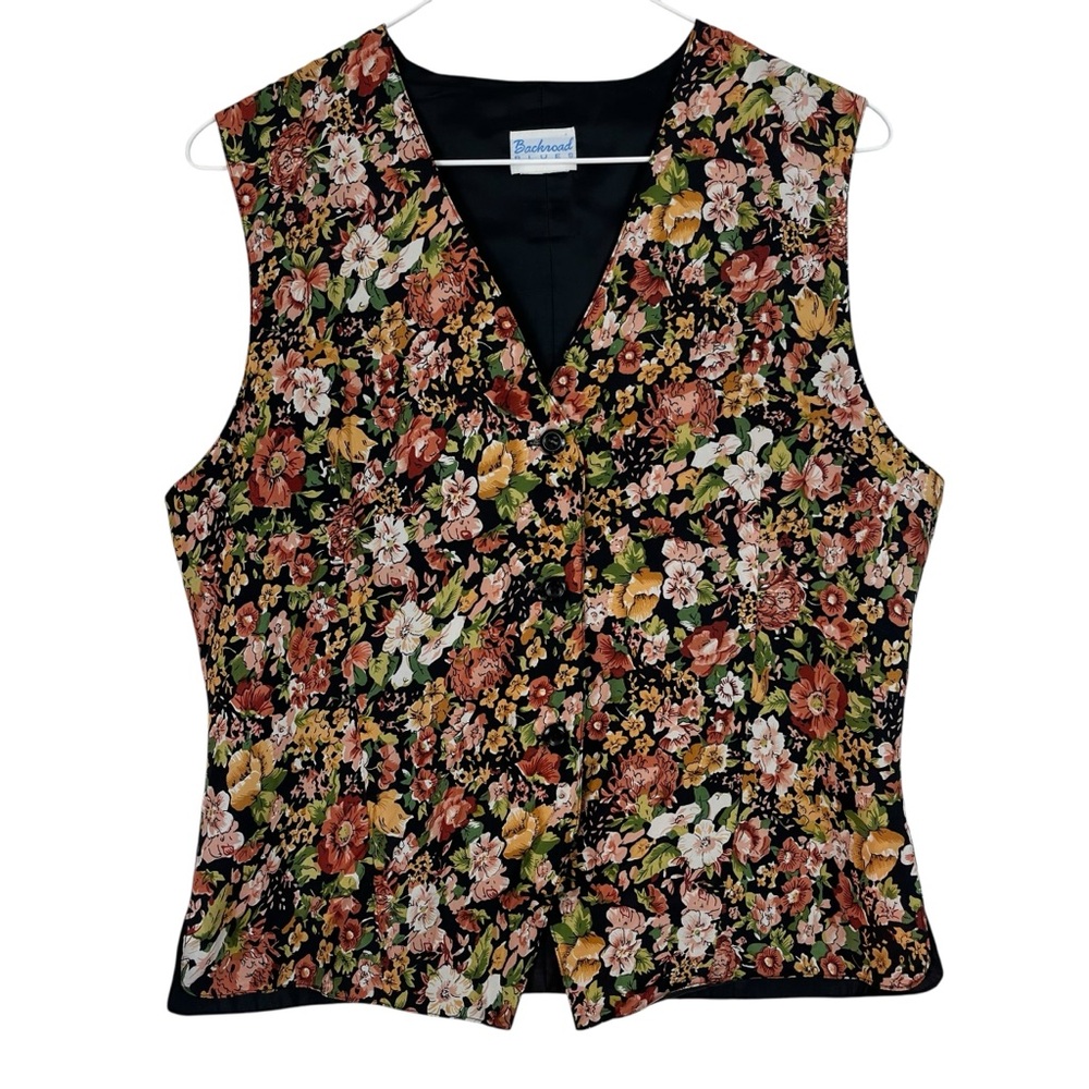 Vintage Backroad Blues Floral Vest Silk Feel Button Front Boho Small